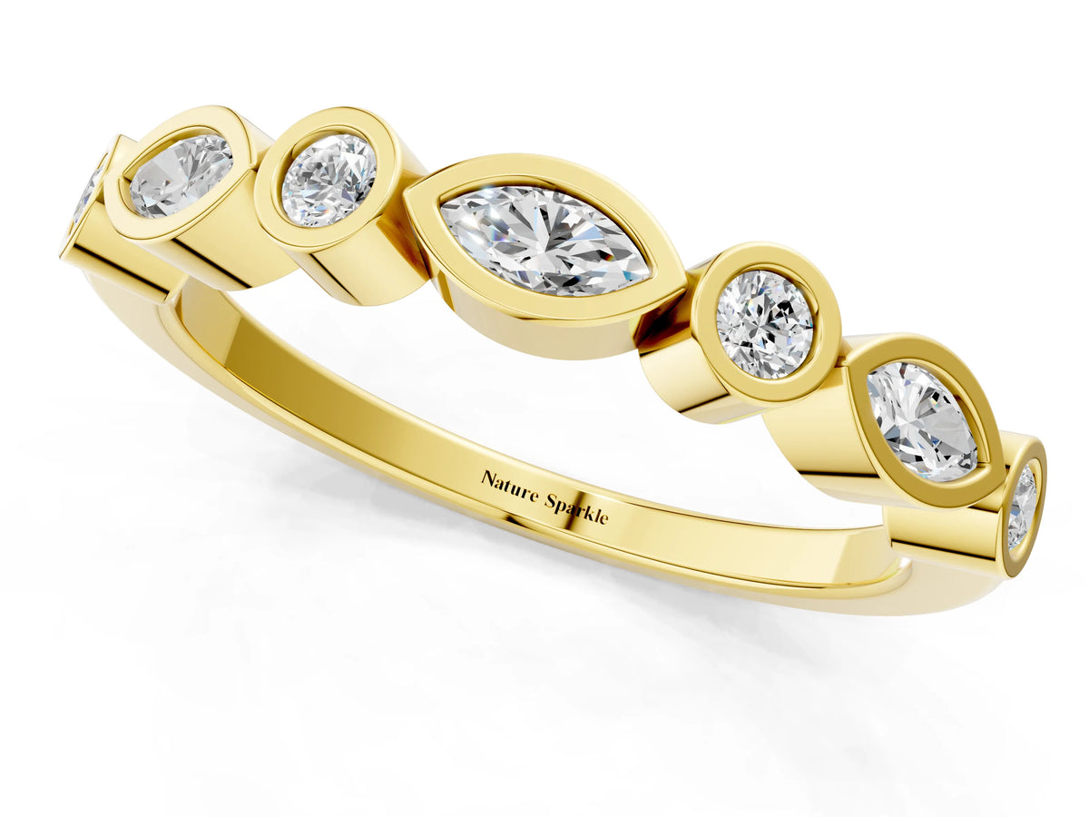 Yellow gold Bezel Set Marquise and Round Diamond Stackable Band_1