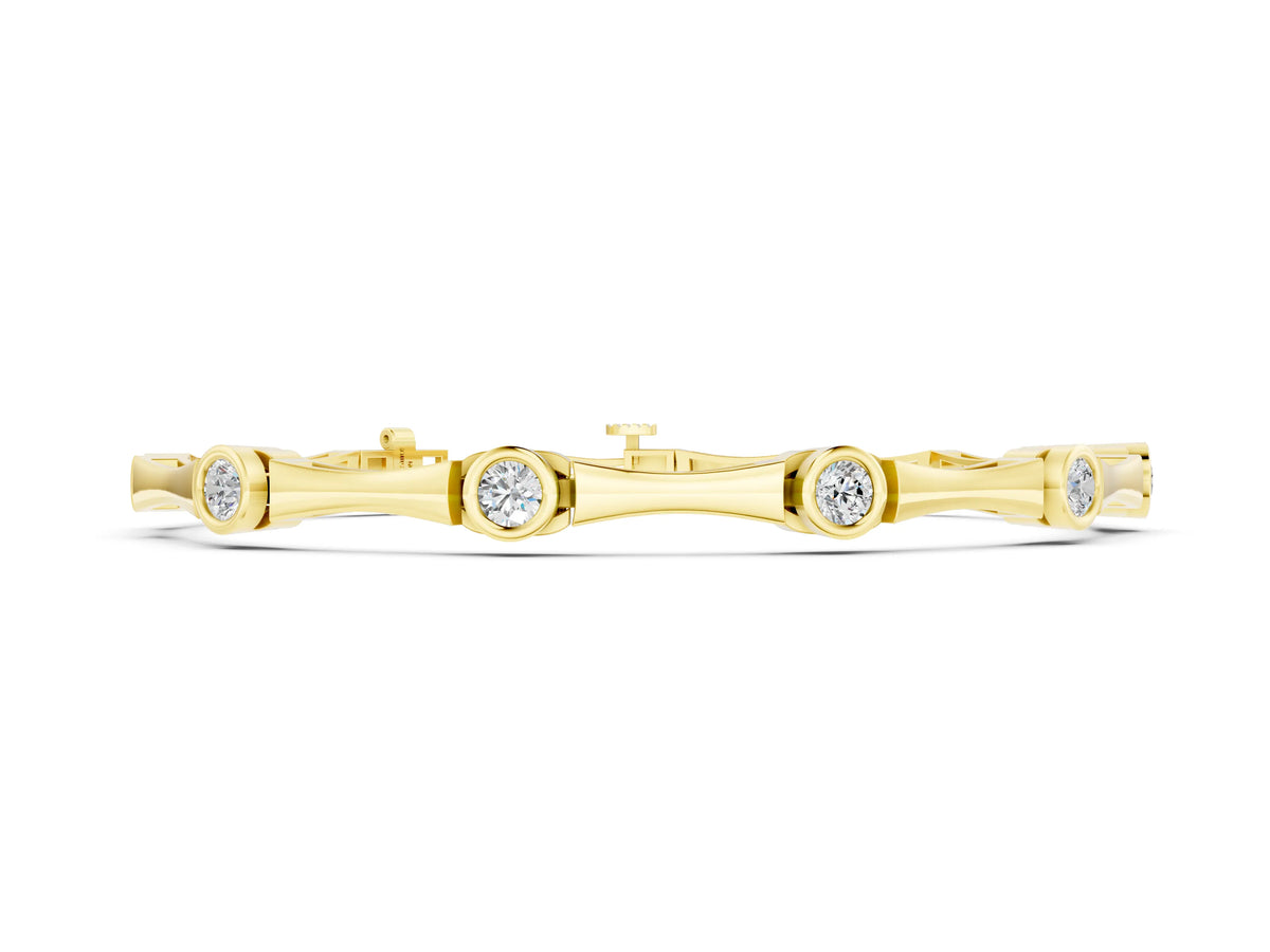 Yellow gold Bezel Set Round Diamond Bamboo Link Bracelet
