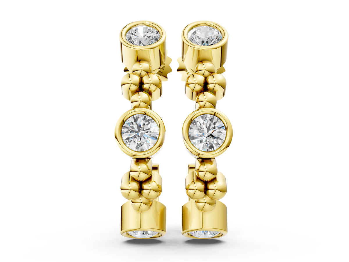 Yellow gold Bezel Set Round Diamond Beaded Hoop Earrings