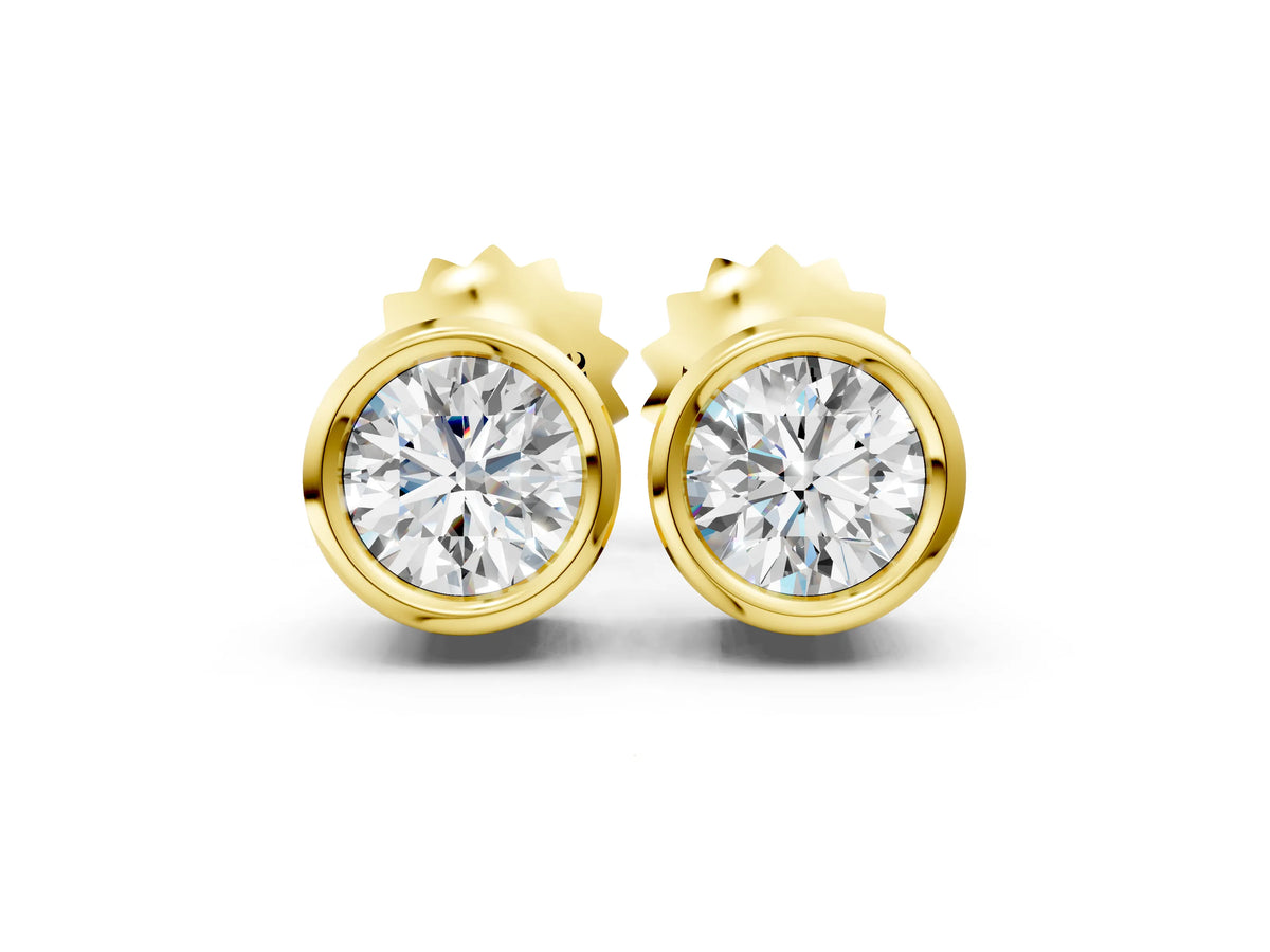 Yellow gold Bezel Set Round Diamond Stud Earrings with Push Back