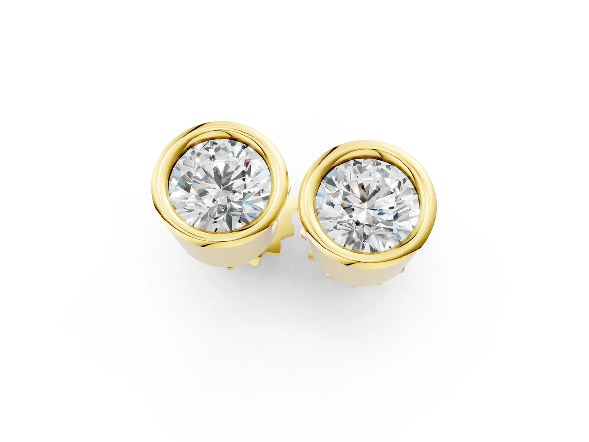 Yellow gold Bezel Set Round Diamond Stud Earrings with Push Back_1