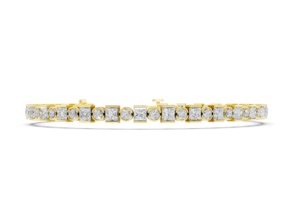 Yellow gold Bezel and Prong Set Round and Princess Cut Diamond Tennis Bracelet