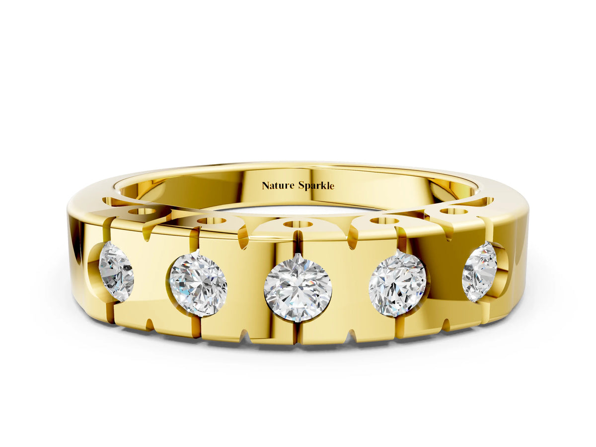 Yellow gold Channel Set Round Diamond Flat Band with Prong Setting