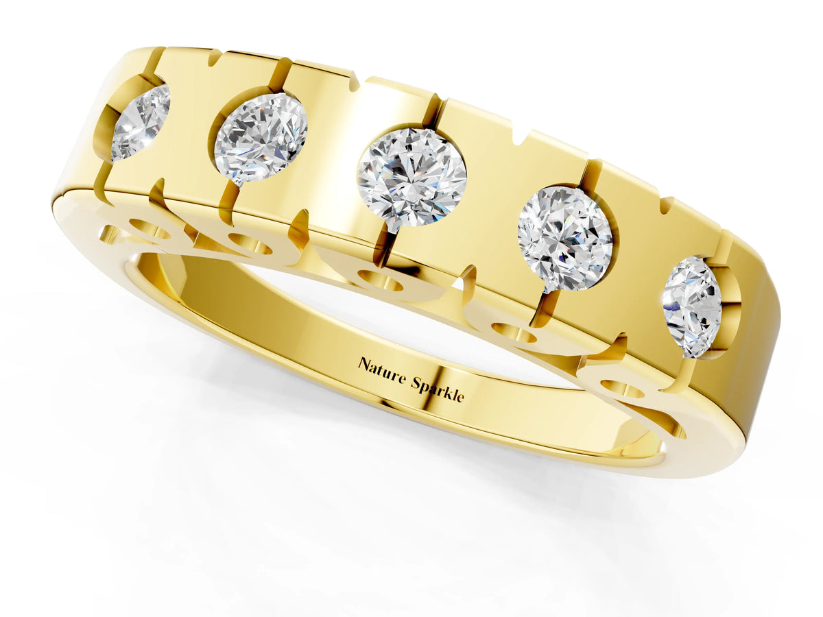 Yellow gold Channel Set Round Diamond Flat Band with Prong Setting_1
