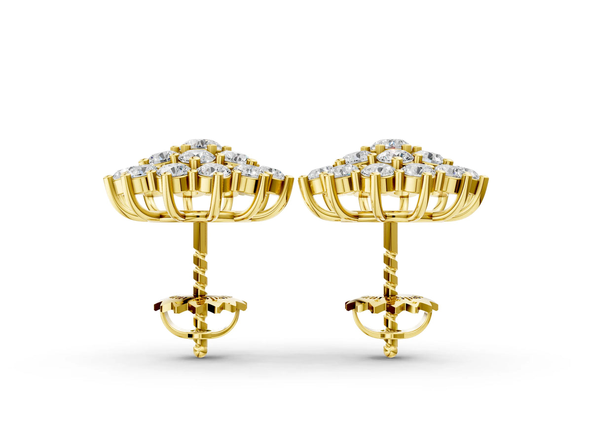 Yellow gold Cluster Diamond Round Stud Earrings with Basket Setting