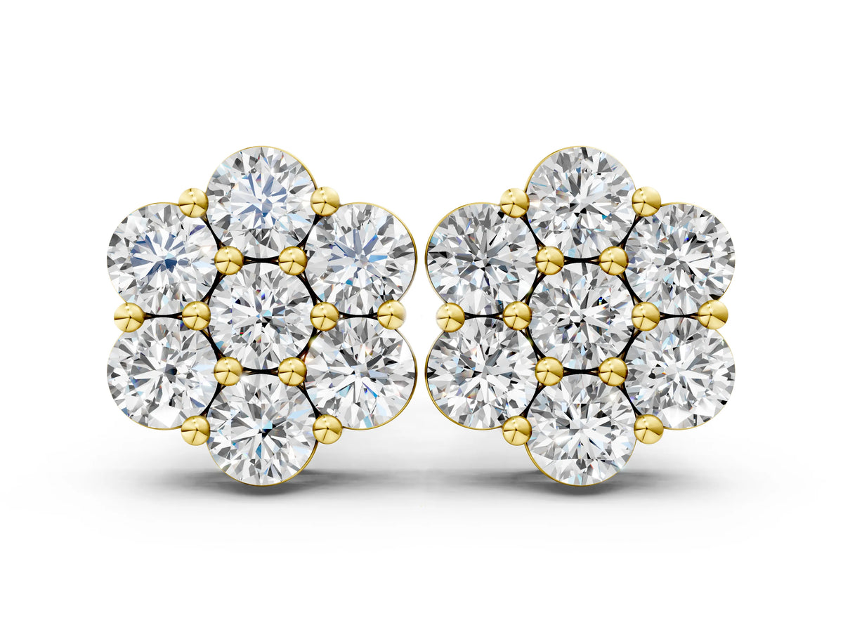 Yellow gold Cluster Round Diamond Stud Earrings with Prong Setting