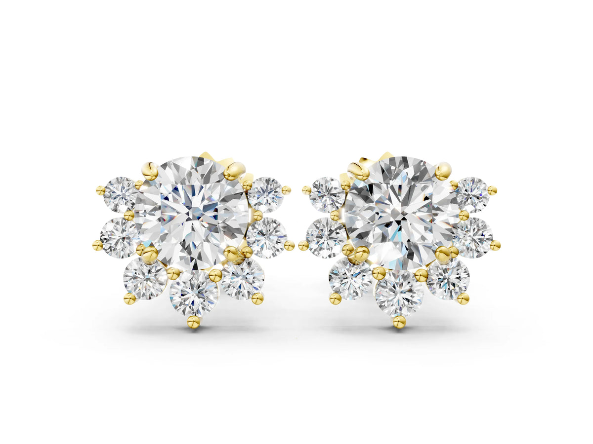 Yellow gold Cluster Round Diamond Stud Earrings with White Gold Band and Four-Prong Setting
