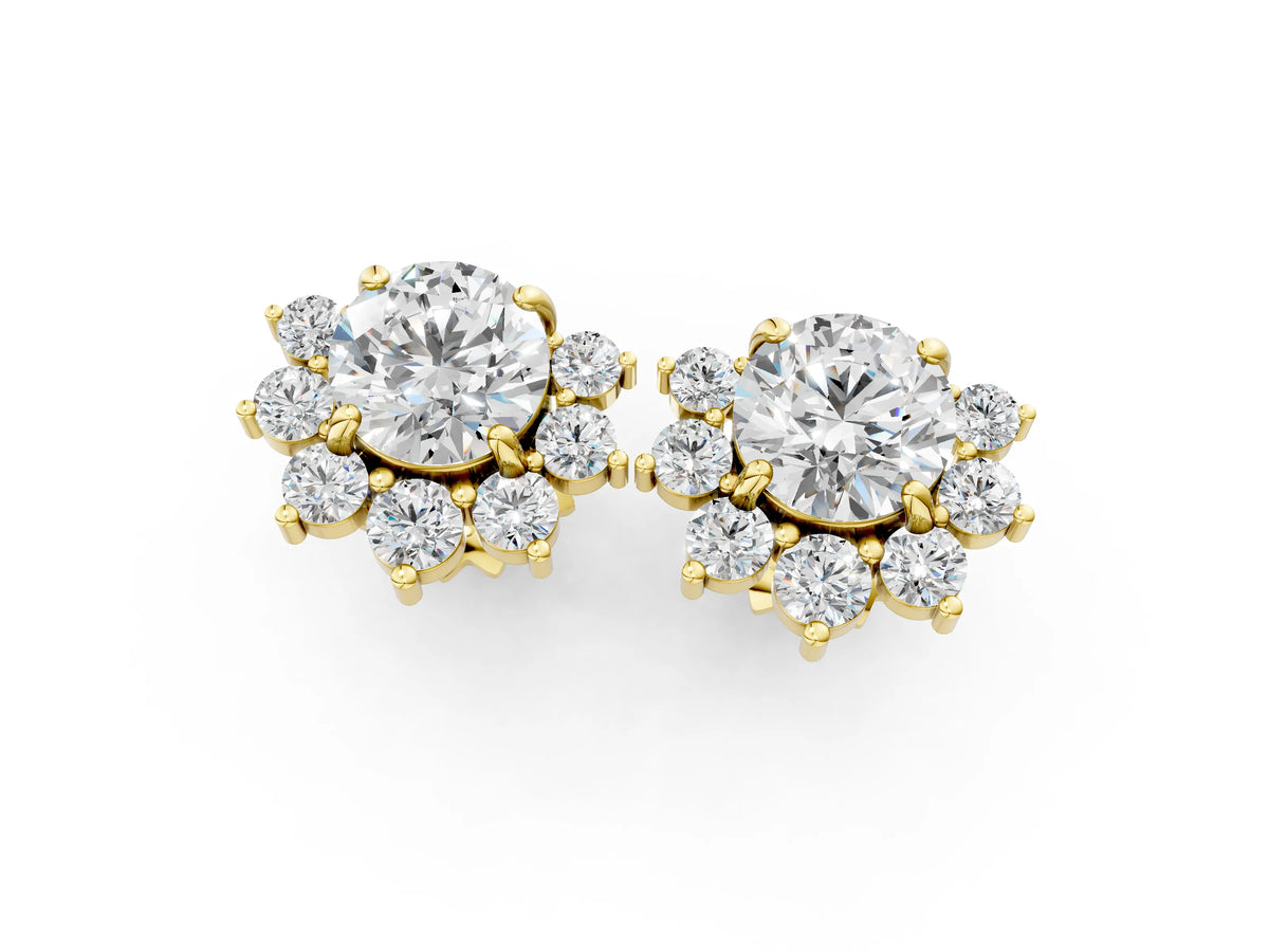 Yellow gold Cluster Round Diamond Stud Earrings with White Gold Band and Four-Prong Setting_1