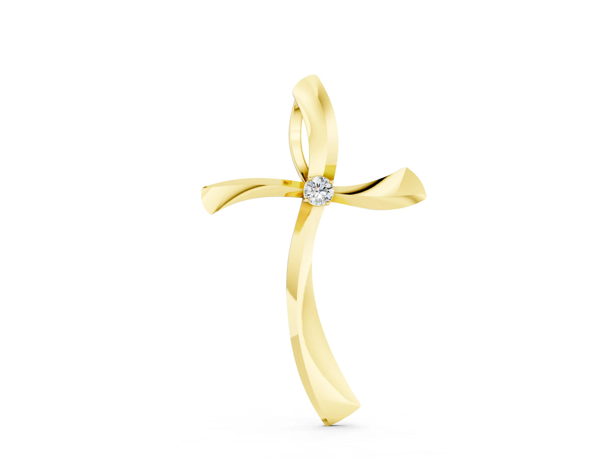 Yellow gold Curved Cross Pendant with Round Diamond in Bezel Setting