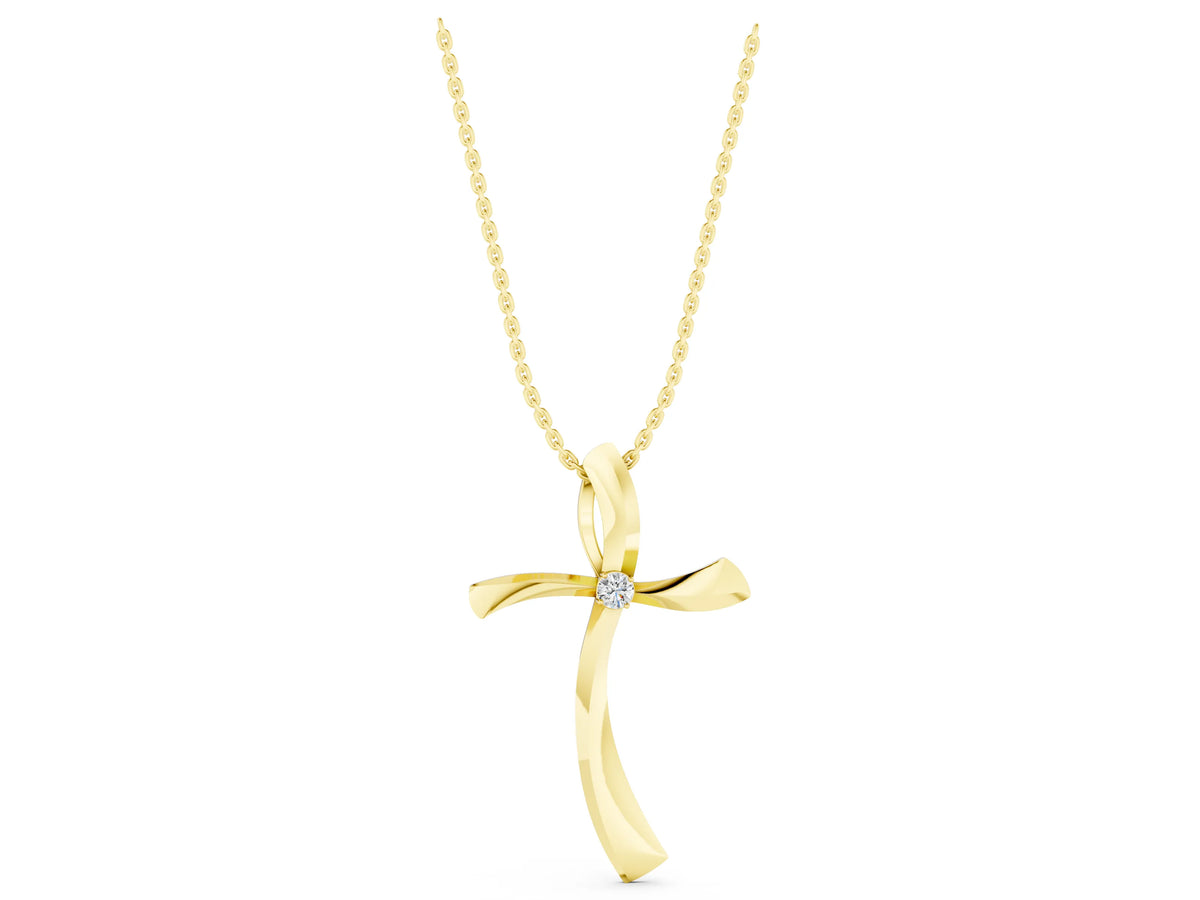 Yellow gold Curved Cross Pendant with Round Diamond in Bezel Setting_1
