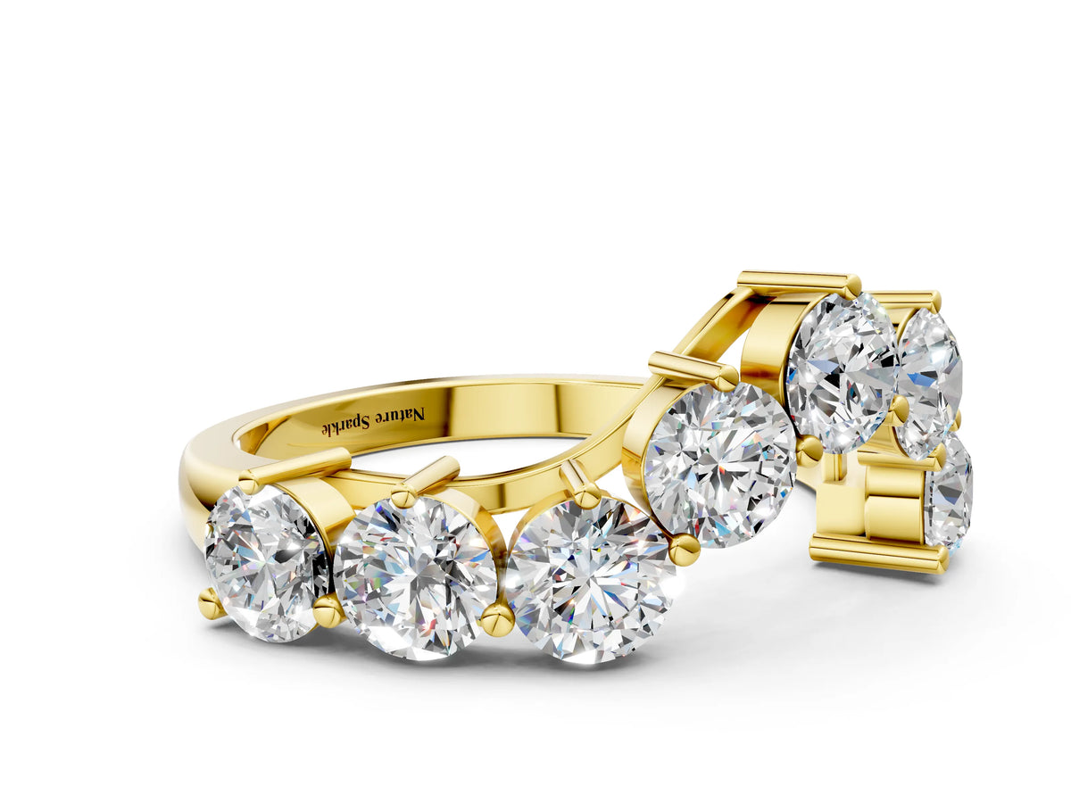 Yellow gold Curved Diamond Cluster Band - Round Stones, Split Shank, Prong Setting