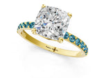 Yellow gold Cushion Cut Diamond Solitaire Ring with Round Blue Topaz Pavé Band and Prong Setting_1