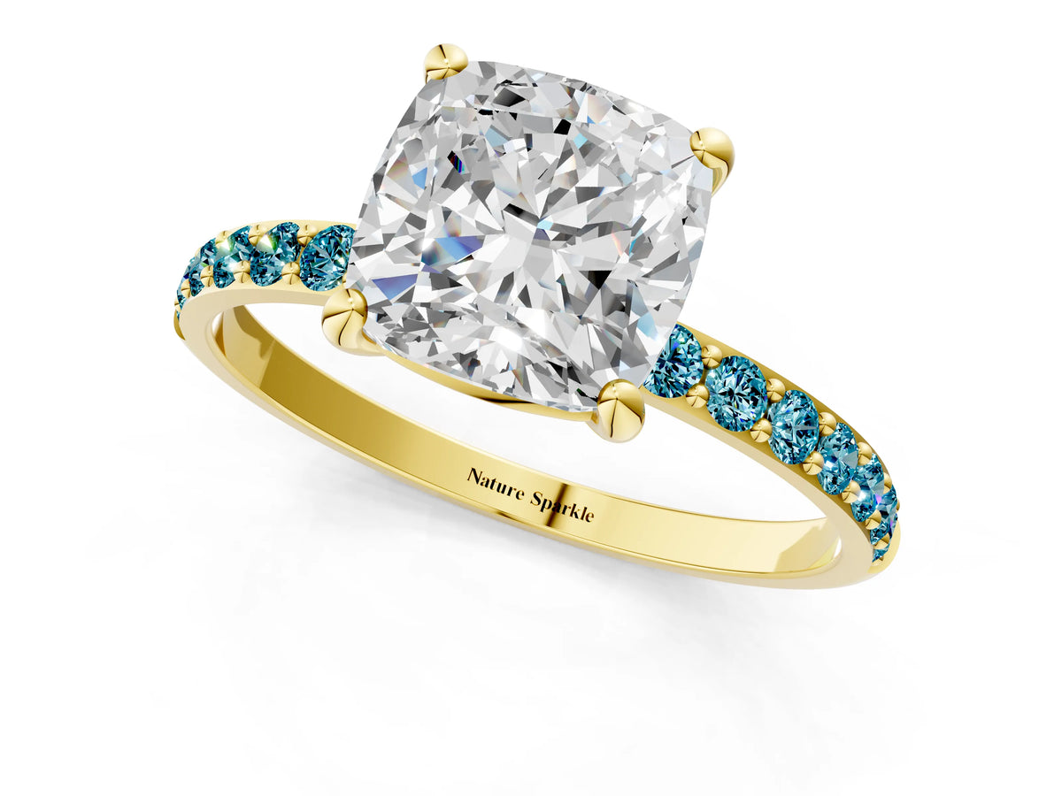 Yellow gold Cushion Cut Diamond Solitaire Ring with Round Blue Topaz Pavé Band and Prong Setting_1