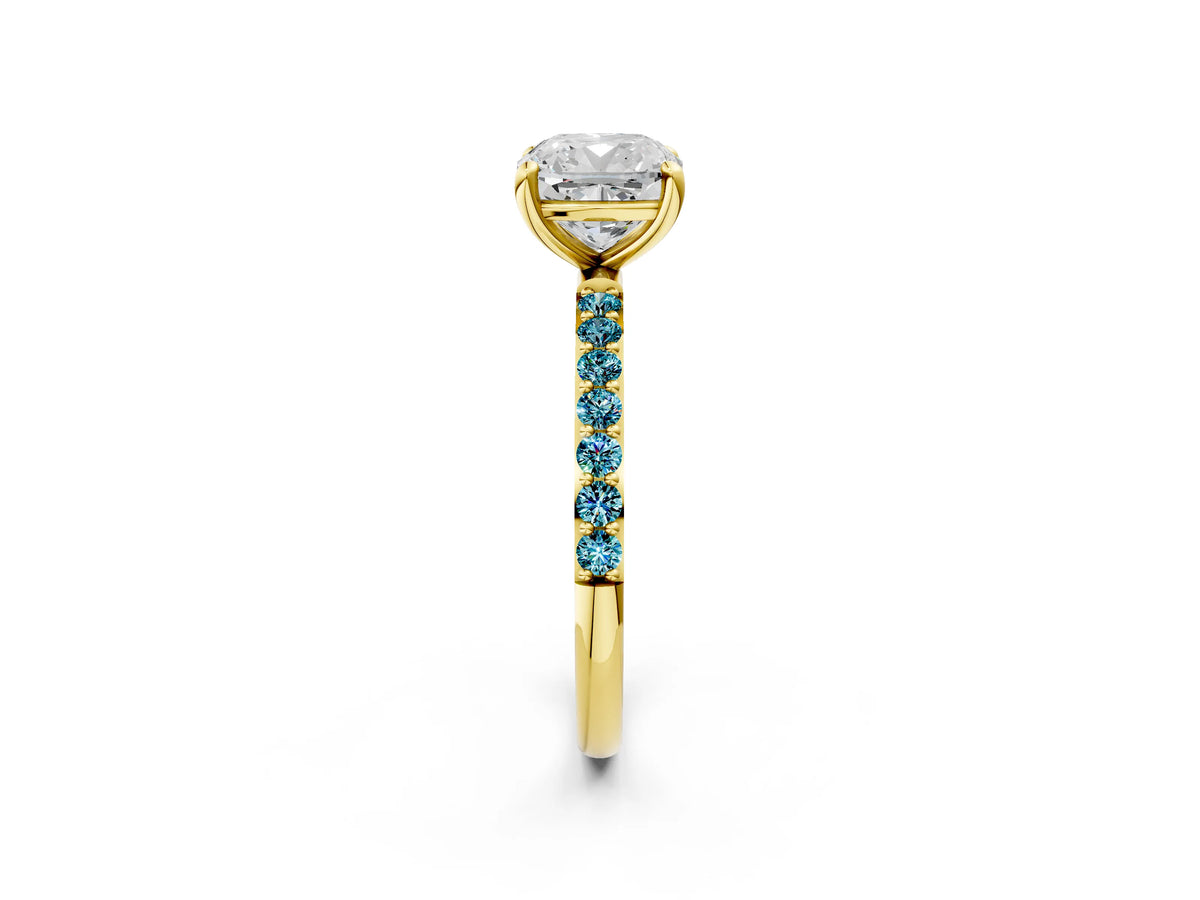 Yellow gold Cushion Cut Diamond Solitaire Ring with Round Blue Topaz Pavé Band and Prong Setting_2