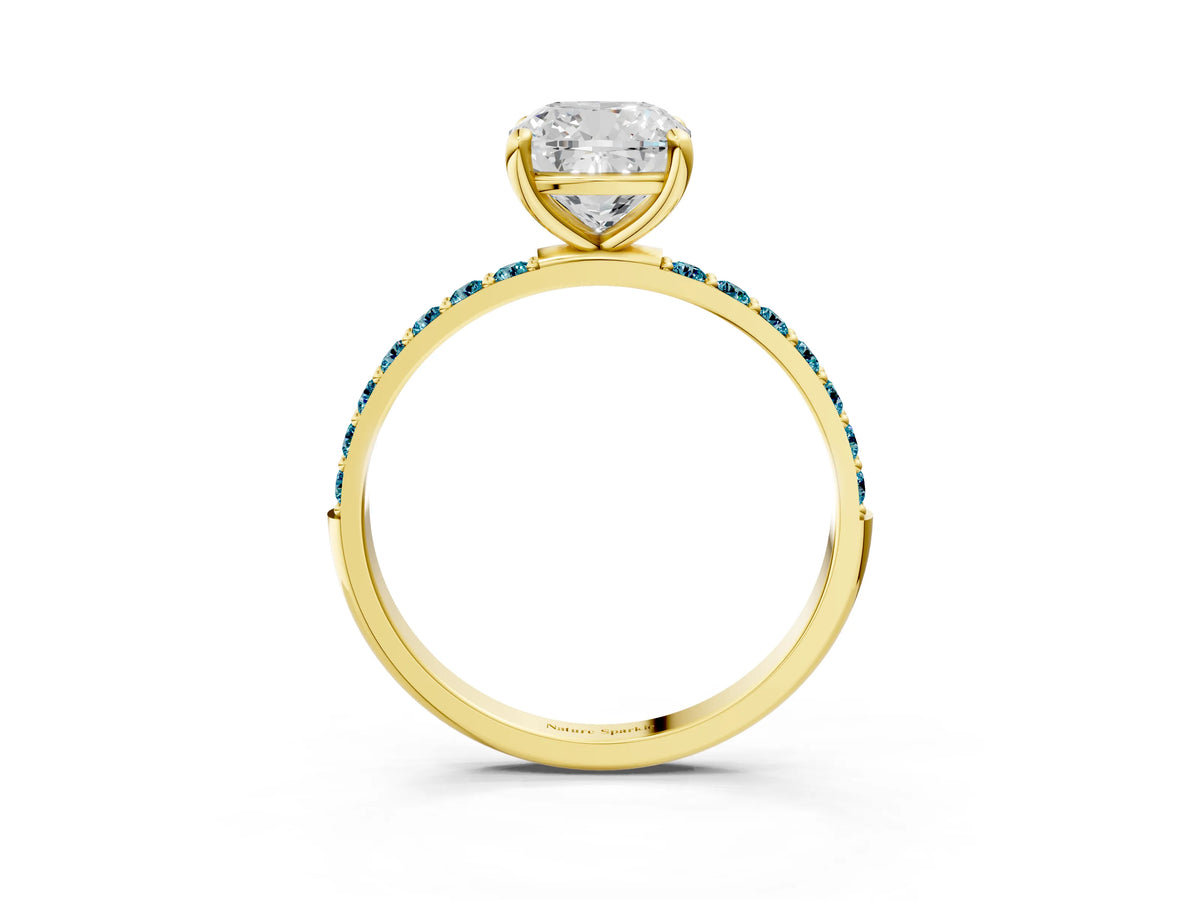 Yellow gold Cushion Cut Diamond Solitaire Ring with Round Blue Topaz Pavé Band and Prong Setting_3