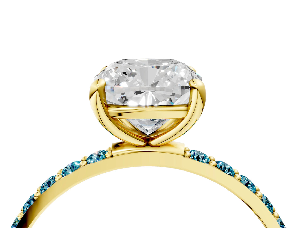 Yellow gold Cushion Cut Diamond Solitaire Ring with Round Blue Topaz Pavé Band and Prong Setting_4