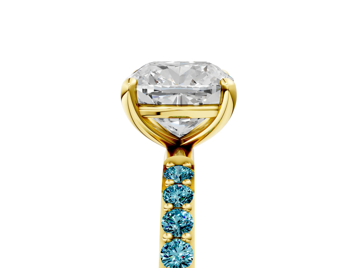 Yellow gold Cushion Cut Diamond Solitaire Ring with Round Blue Topaz Pavé Band and Prong Setting_5