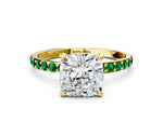 Yellow gold Cushion Cut Diamond Solitaire Ring with Round Emerald Pavé Band and Prong Setting
