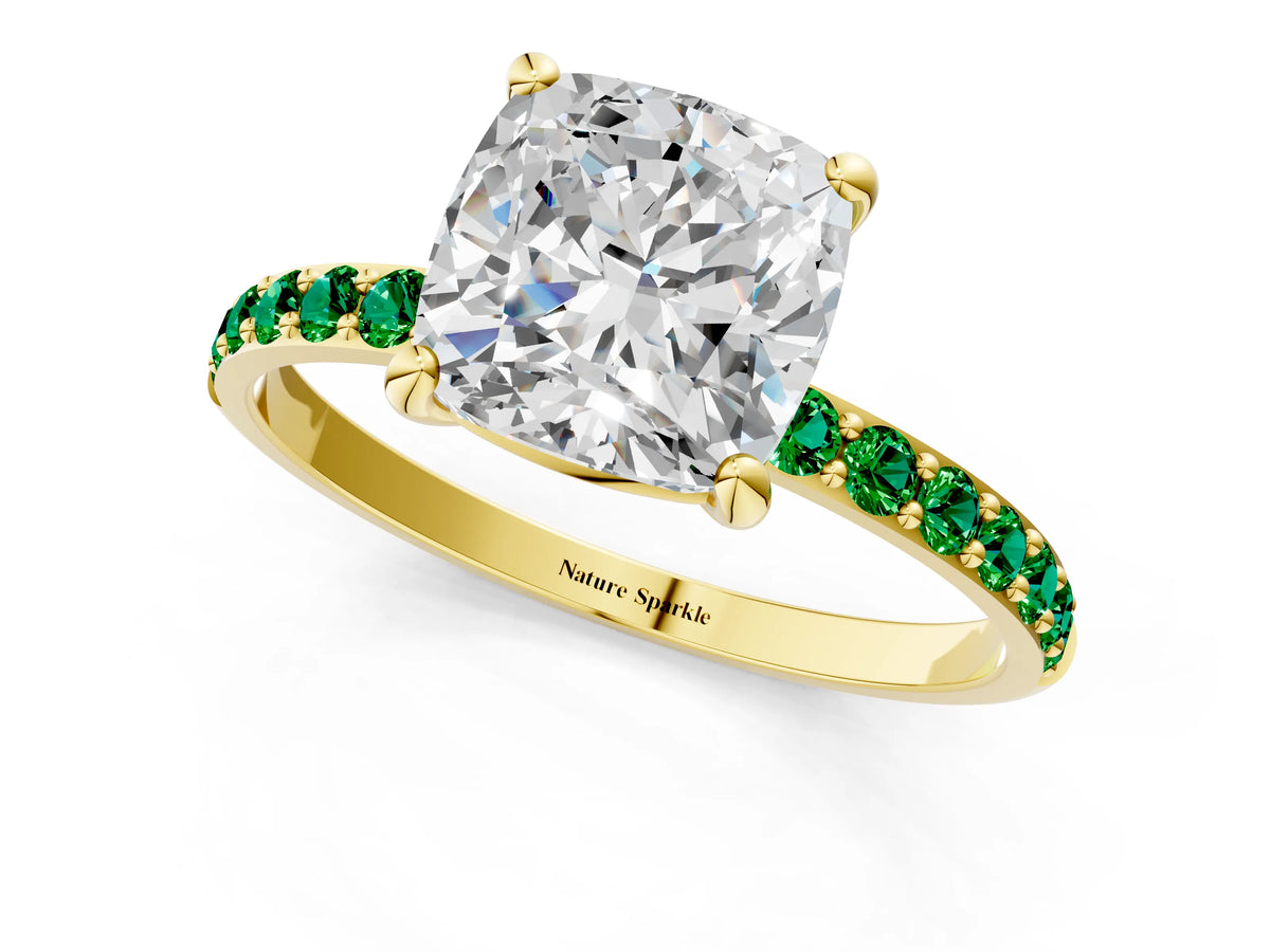 Yellow gold Cushion Cut Diamond Solitaire Ring with Round Emerald Pavé Band and Prong Setting_1