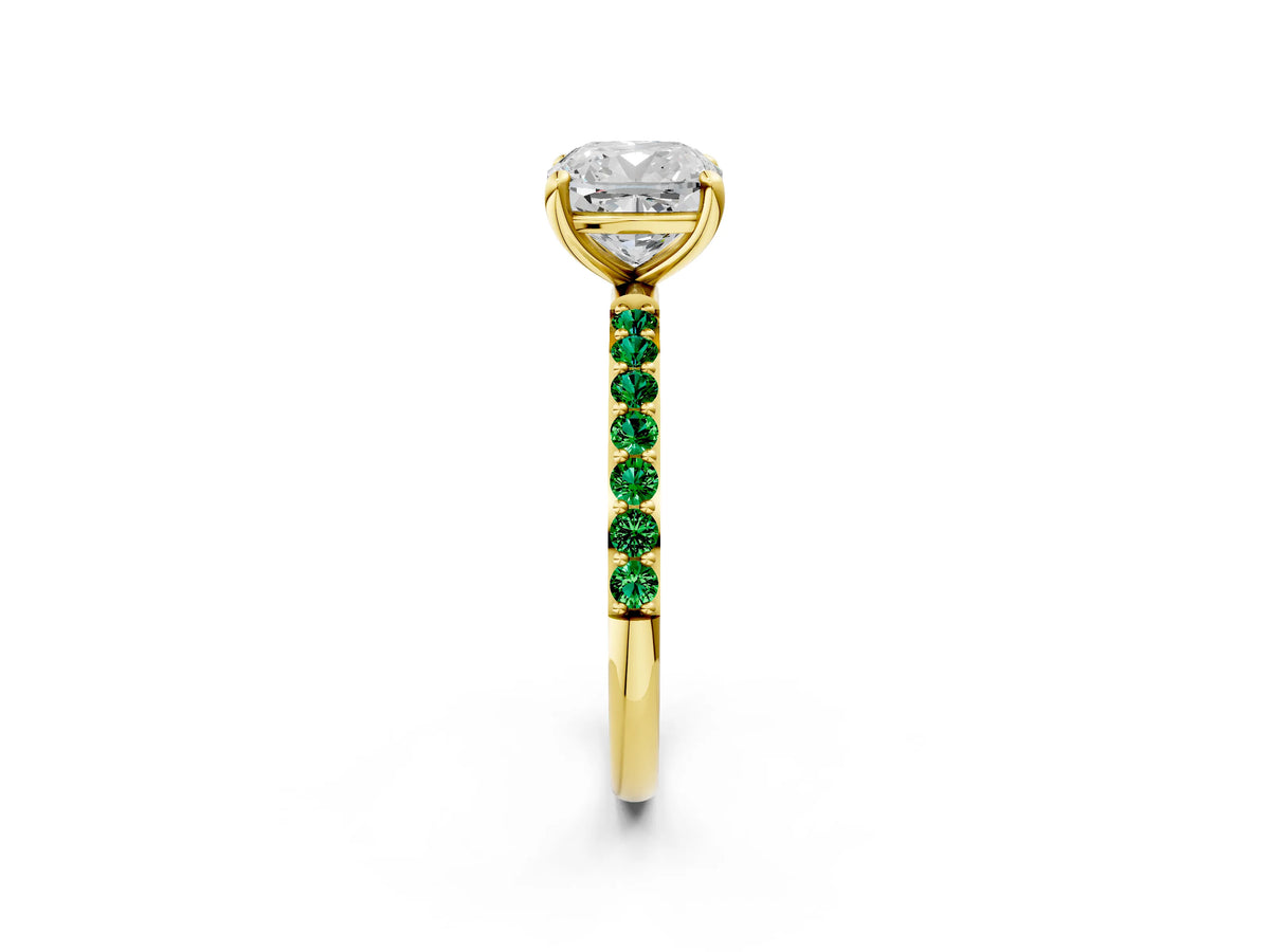 Yellow gold Cushion Cut Diamond Solitaire Ring with Round Emerald Pavé Band and Prong Setting_2