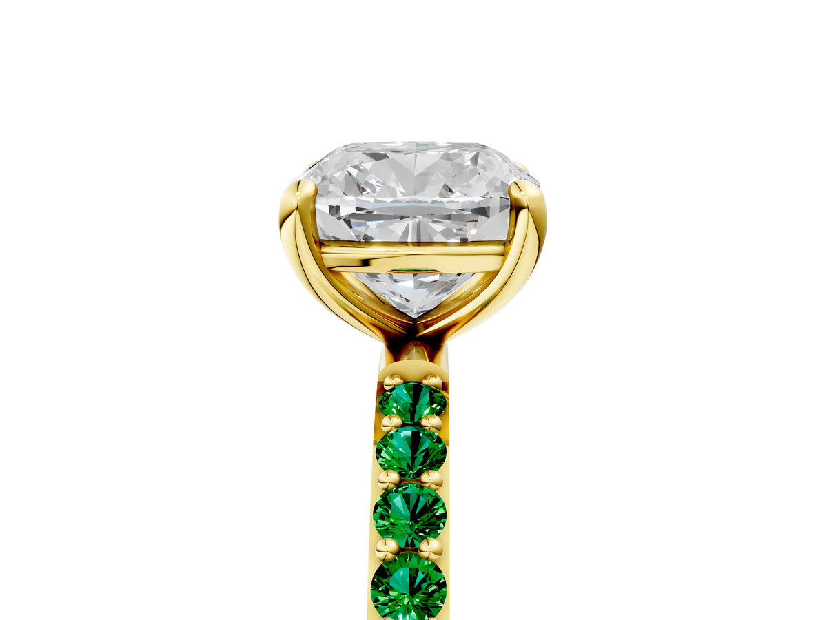 Yellow gold Cushion Cut Diamond Solitaire Ring with Round Emerald Pavé Band and Prong Setting_5