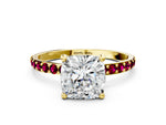Yellow gold Cushion Cut Diamond Solitaire Ring with Round Garnet Pavé Band and Prong Setting