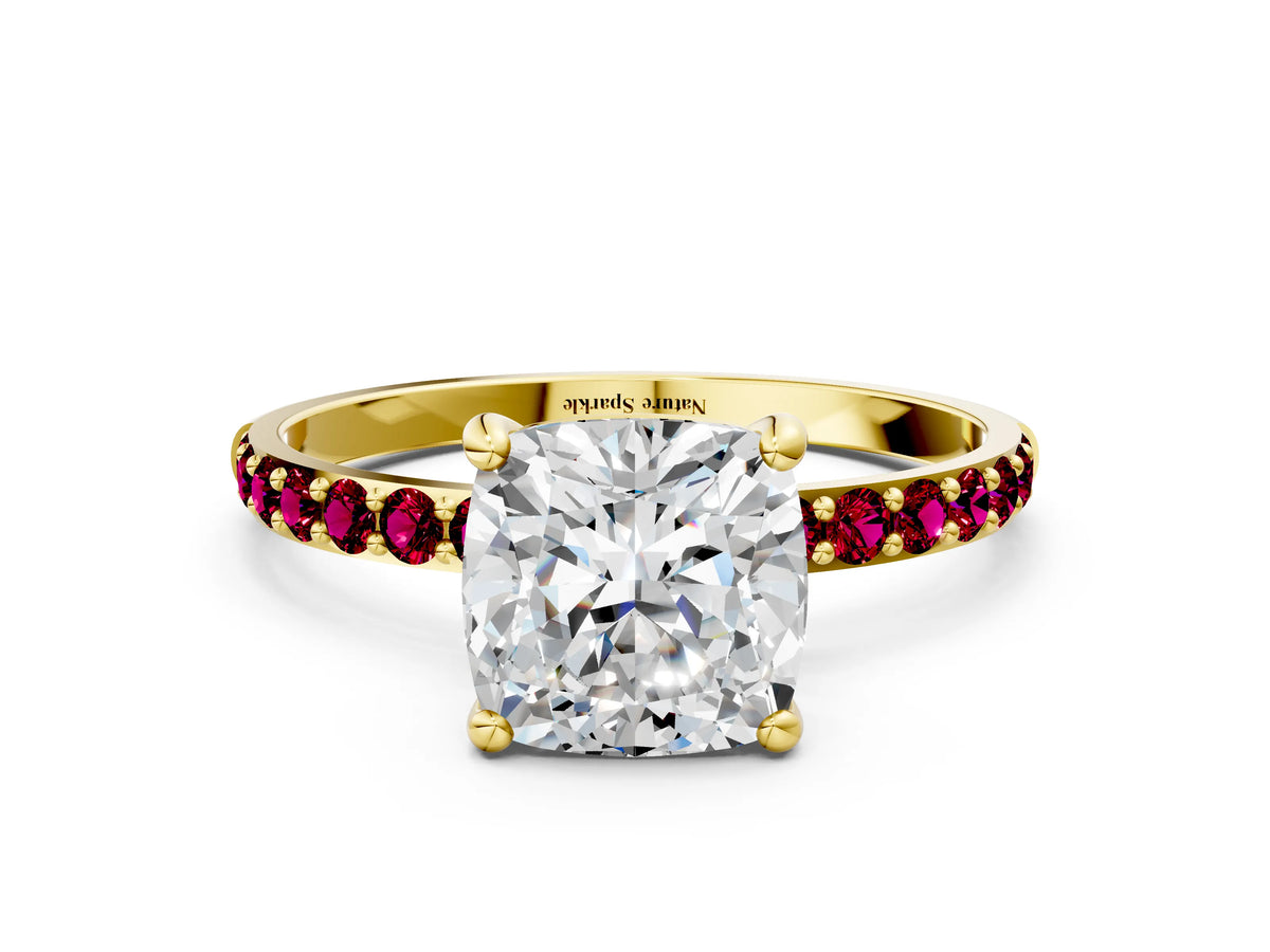 Yellow gold Cushion Cut Diamond Solitaire Ring with Round Garnet Pavé Band and Prong Setting