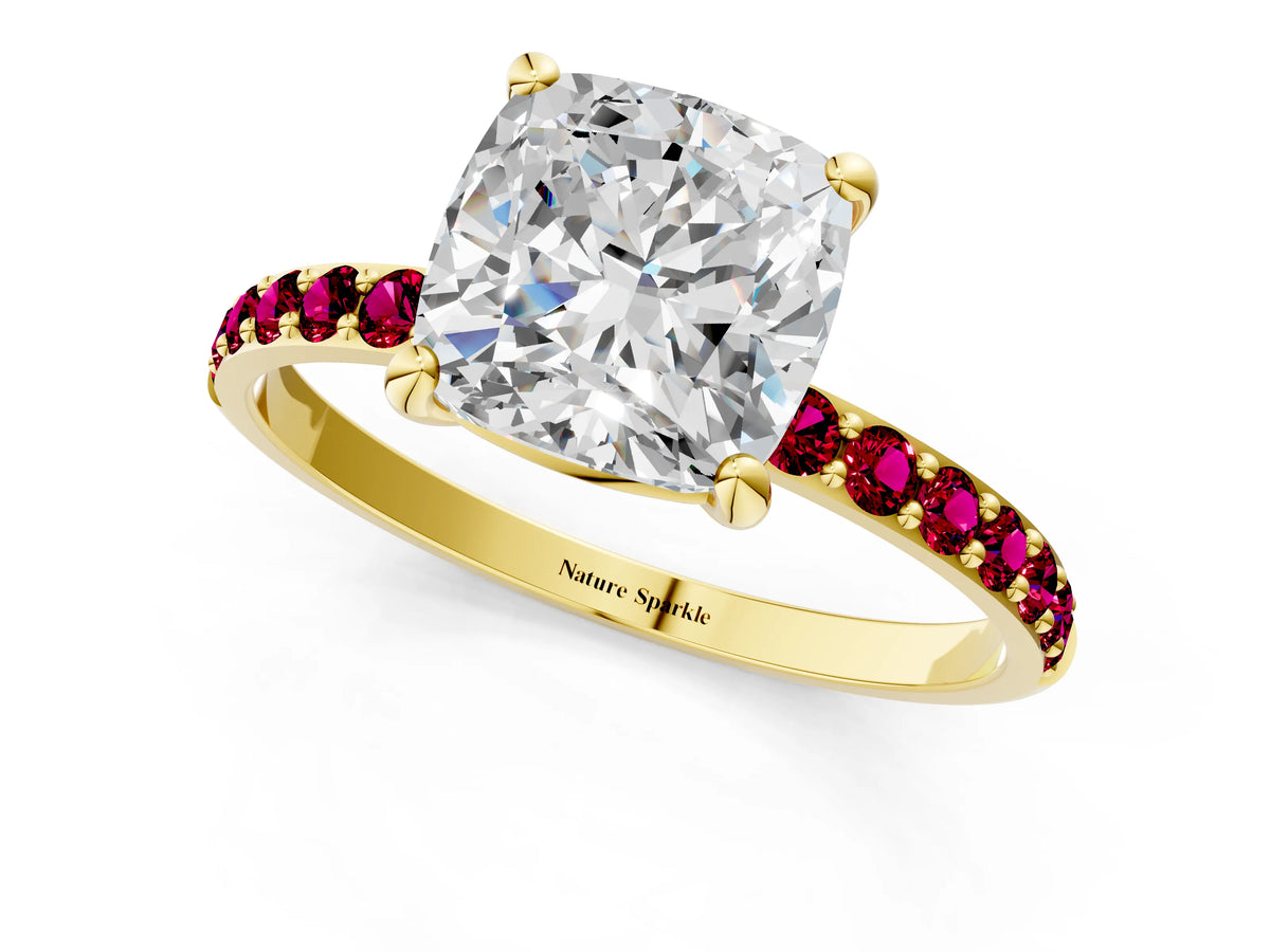 Yellow gold Cushion Cut Diamond Solitaire Ring with Round Garnet Pavé Band and Prong Setting_1