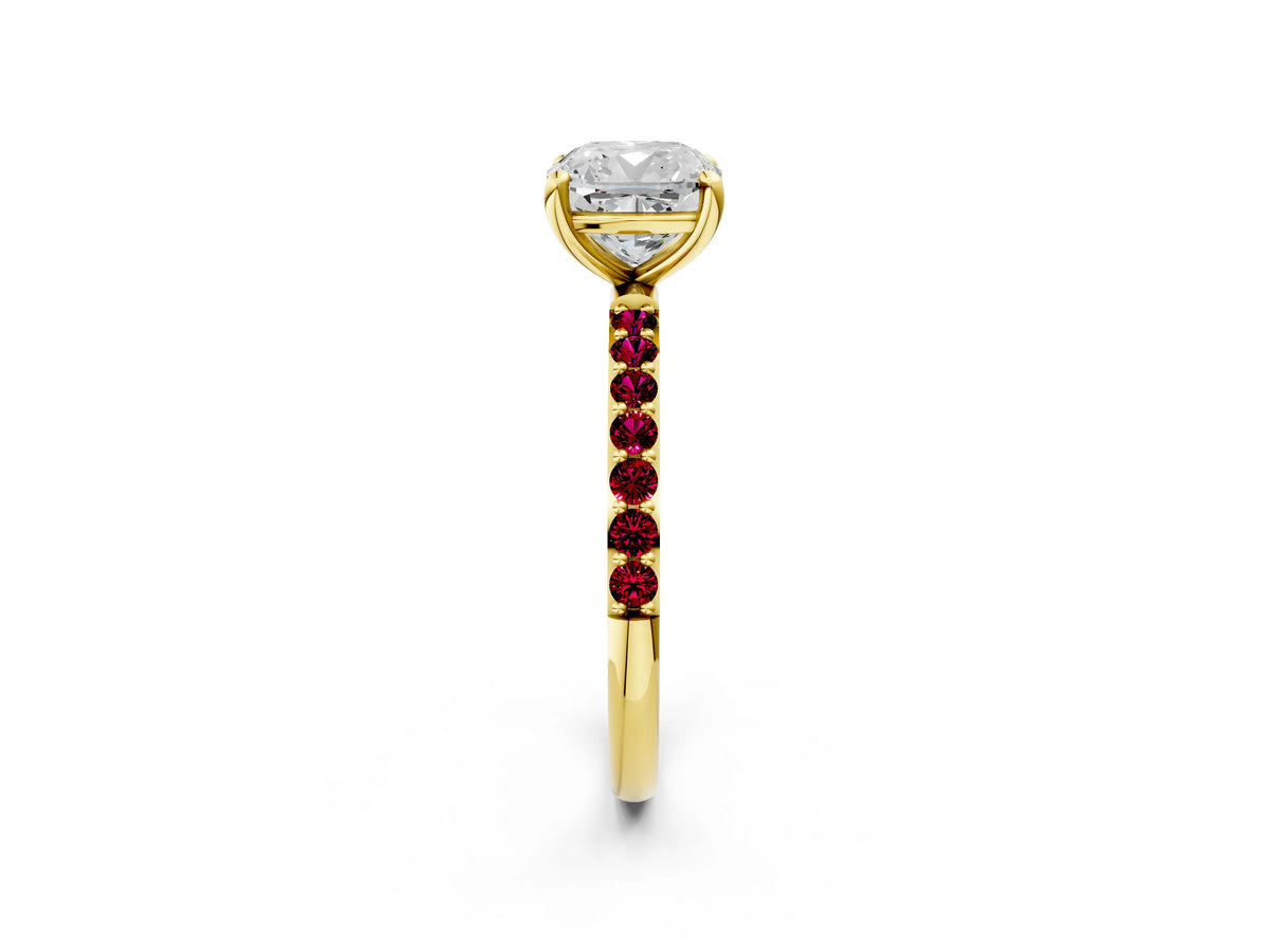 Yellow gold Cushion Cut Diamond Solitaire Ring with Round Garnet Pavé Band and Prong Setting_2