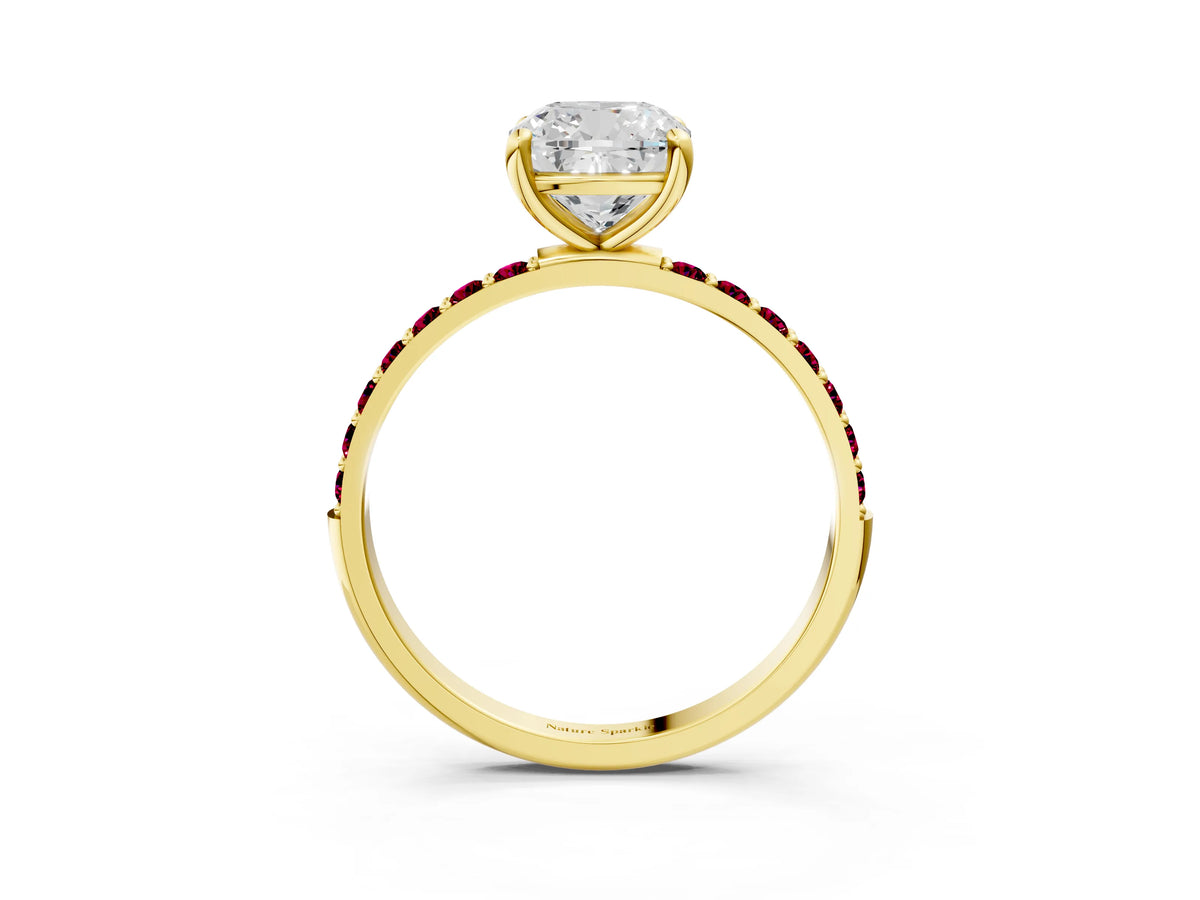 Yellow gold Cushion Cut Diamond Solitaire Ring with Round Garnet Pavé Band and Prong Setting_3