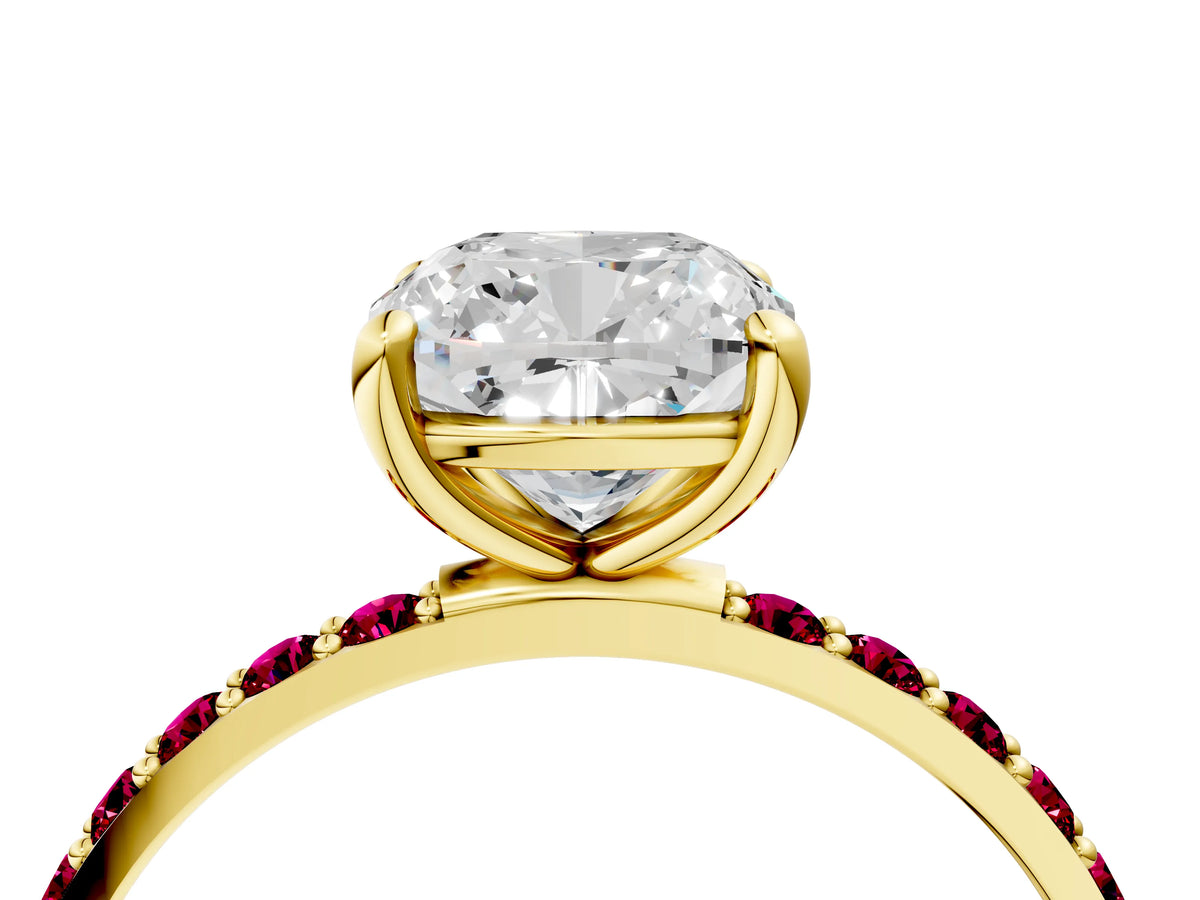 Yellow gold Cushion Cut Diamond Solitaire Ring with Round Garnet Pavé Band and Prong Setting_4