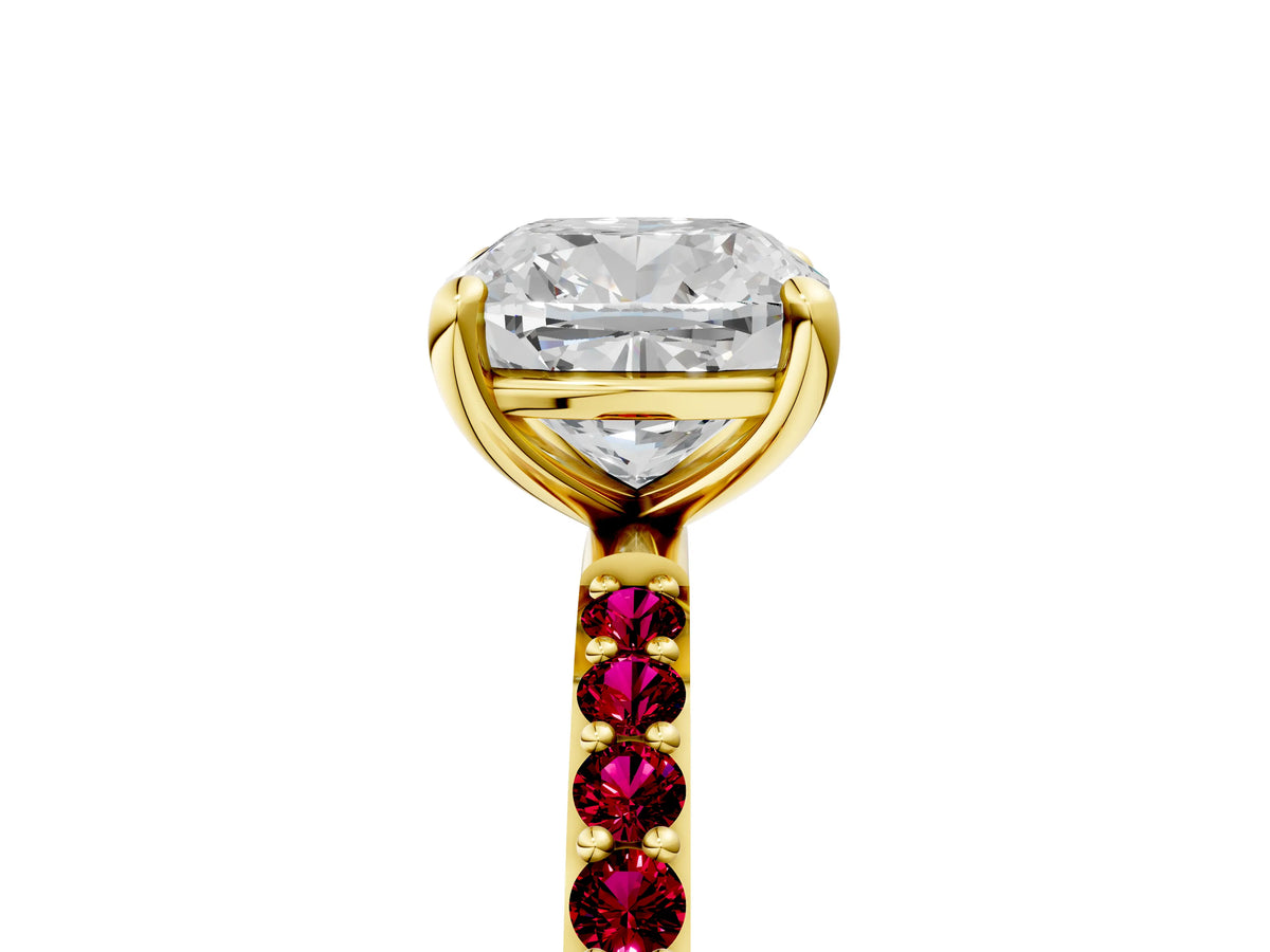 Yellow gold Cushion Cut Diamond Solitaire Ring with Round Garnet Pavé Band and Prong Setting_5