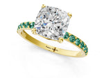 Yellow gold Cushion Cut Diamond Solitaire Ring with Round Green Sapphire Pavé Band and Prong Setting_1