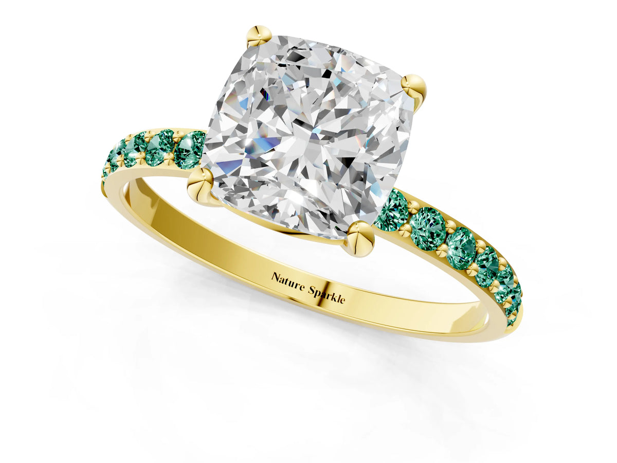 Yellow gold Cushion Cut Diamond Solitaire Ring with Round Green Sapphire Pavé Band and Prong Setting_1