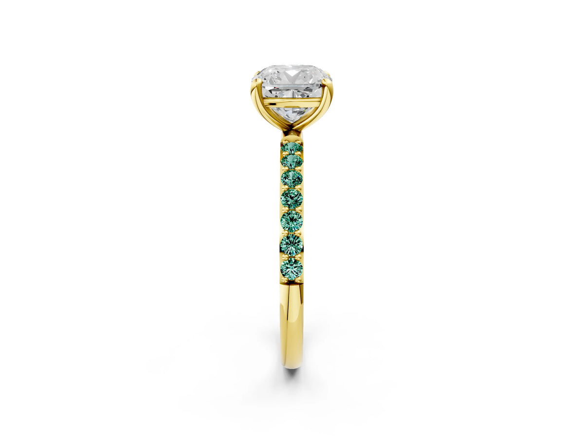 Yellow gold Cushion Cut Diamond Solitaire Ring with Round Green Sapphire Pavé Band and Prong Setting_2