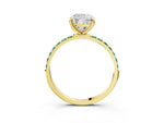 Yellow gold Cushion Cut Diamond Solitaire Ring with Round Green Sapphire Pavé Band and Prong Setting_3