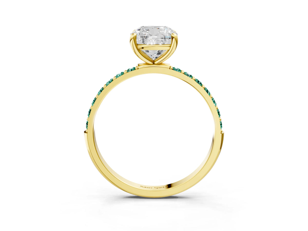 Yellow gold Cushion Cut Diamond Solitaire Ring with Round Green Sapphire Pavé Band and Prong Setting_3