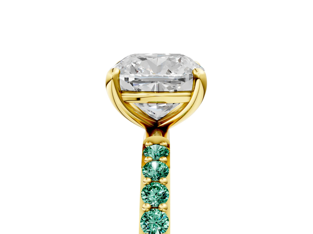 Yellow gold Cushion Cut Diamond Solitaire Ring with Round Green Sapphire Pavé Band and Prong Setting_5