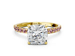 Yellow gold Cushion Cut Diamond Solitaire Ring with Round Morganite Pavé Band and Prong Setting