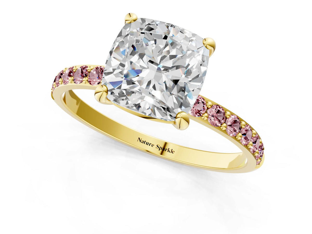 Yellow gold Cushion Cut Diamond Solitaire Ring with Round Morganite Pavé Band and Prong Setting_1