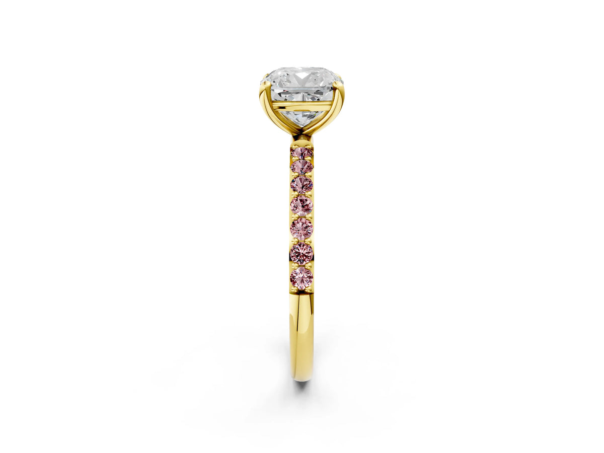 Yellow gold Cushion Cut Diamond Solitaire Ring with Round Morganite Pavé Band and Prong Setting_2
