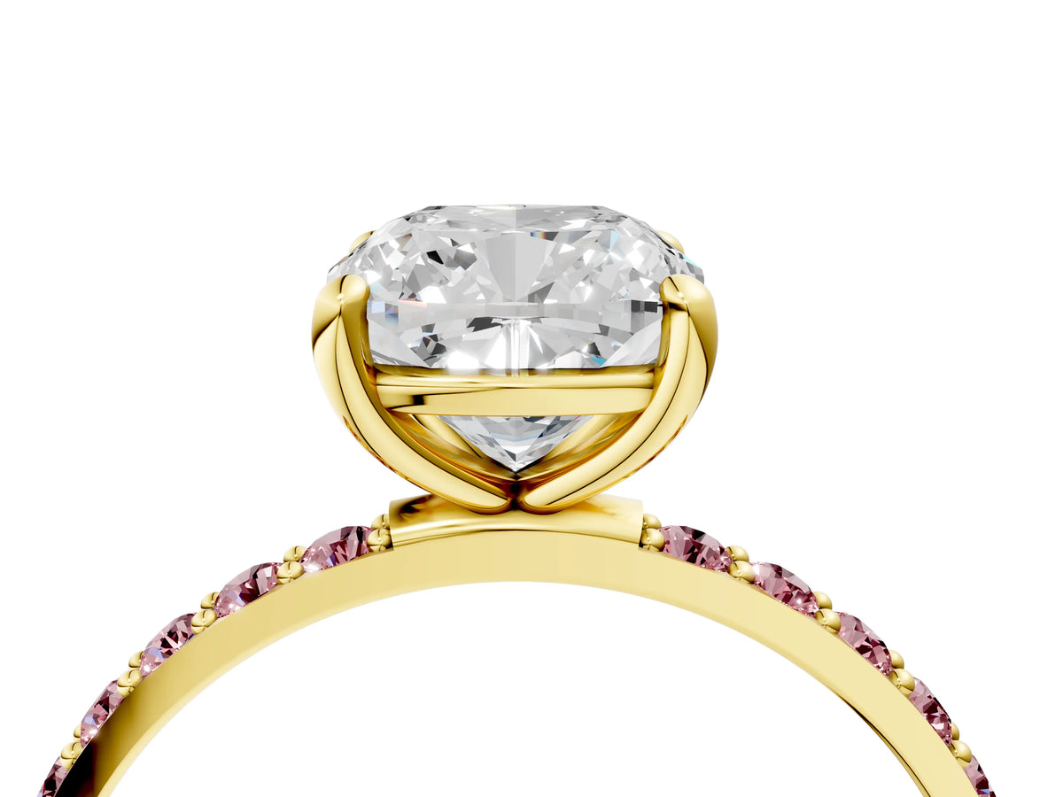 Yellow gold Cushion Cut Diamond Solitaire Ring with Round Morganite Pavé Band and Prong Setting_4