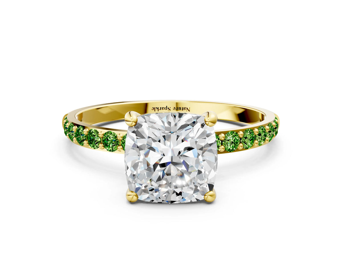 Yellow gold Cushion Cut Diamond Solitaire Ring with Round Peridot Pavé Band and Prong Setting
