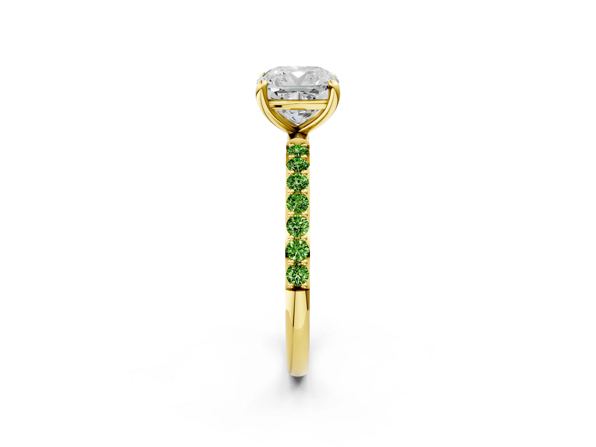 Yellow gold Cushion Cut Diamond Solitaire Ring with Round Peridot Pavé Band and Prong Setting_2