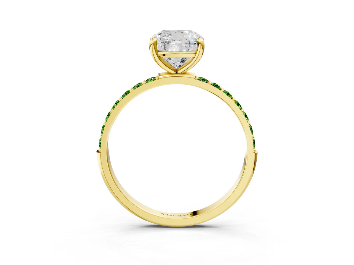 Yellow gold Cushion Cut Diamond Solitaire Ring with Round Peridot Pavé Band and Prong Setting_3