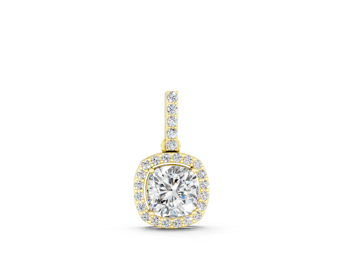 Yellow gold Cushion Halo Diamond Pendant with Prong Setting