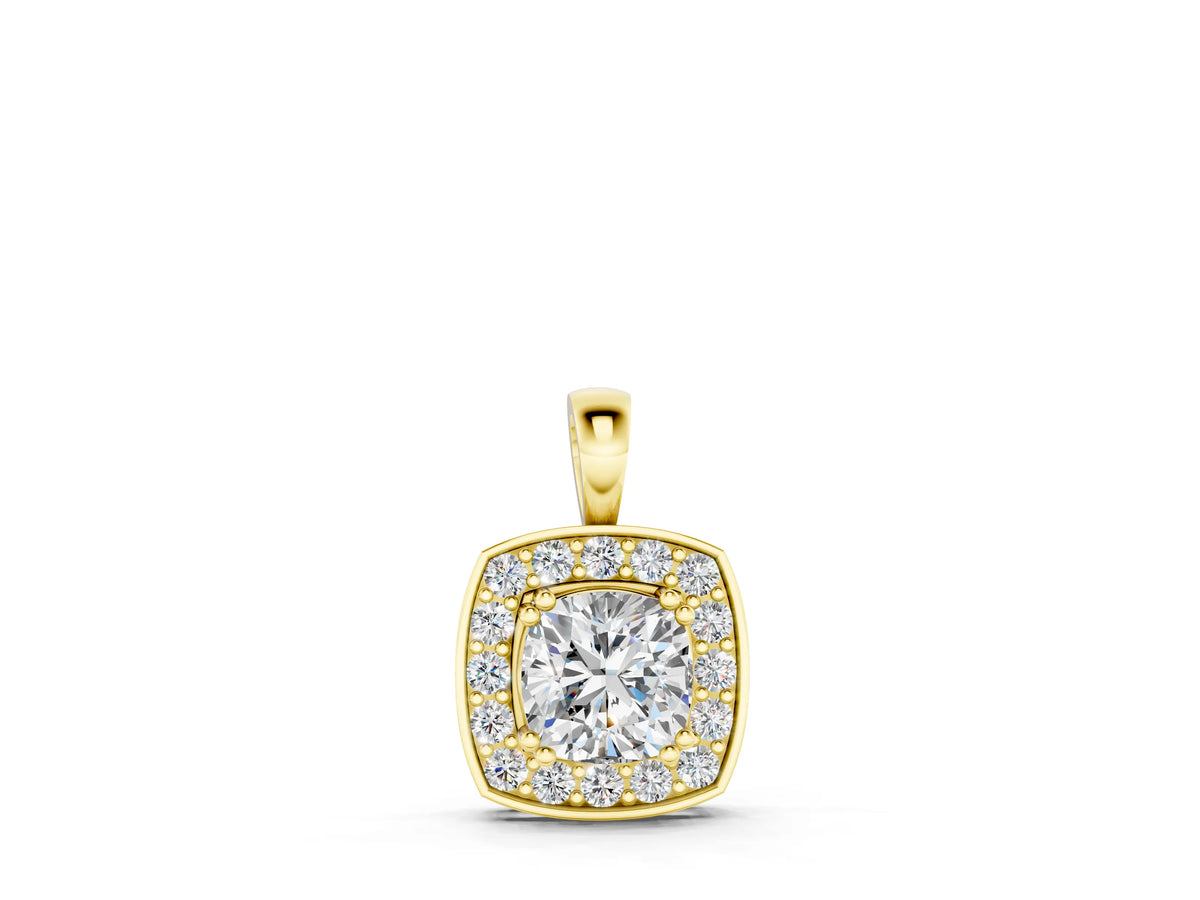 Yellow gold Cushion Halo Pendant with Round Diamond and Four-Prong Setting