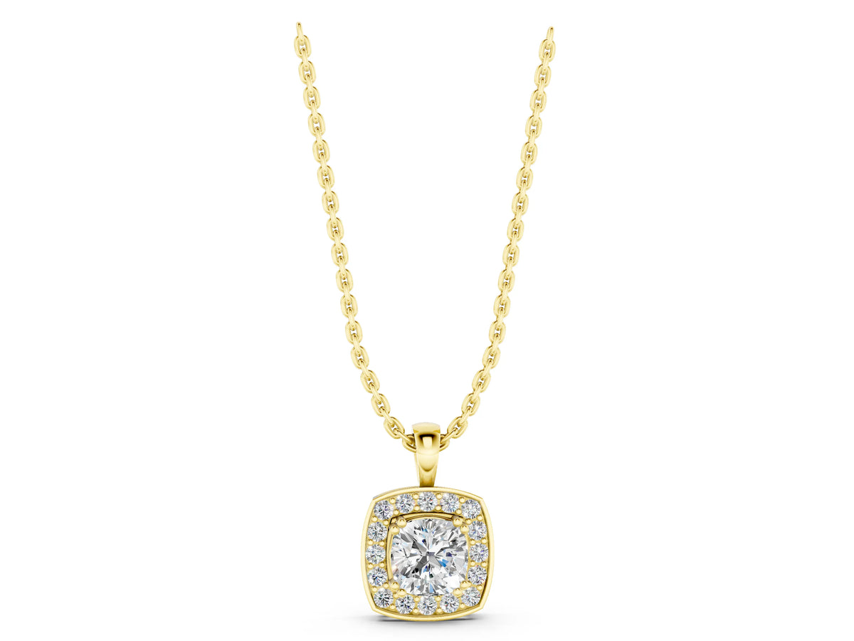 Yellow gold Cushion Halo Pendant with Round Diamond and Four-Prong Setting_1
