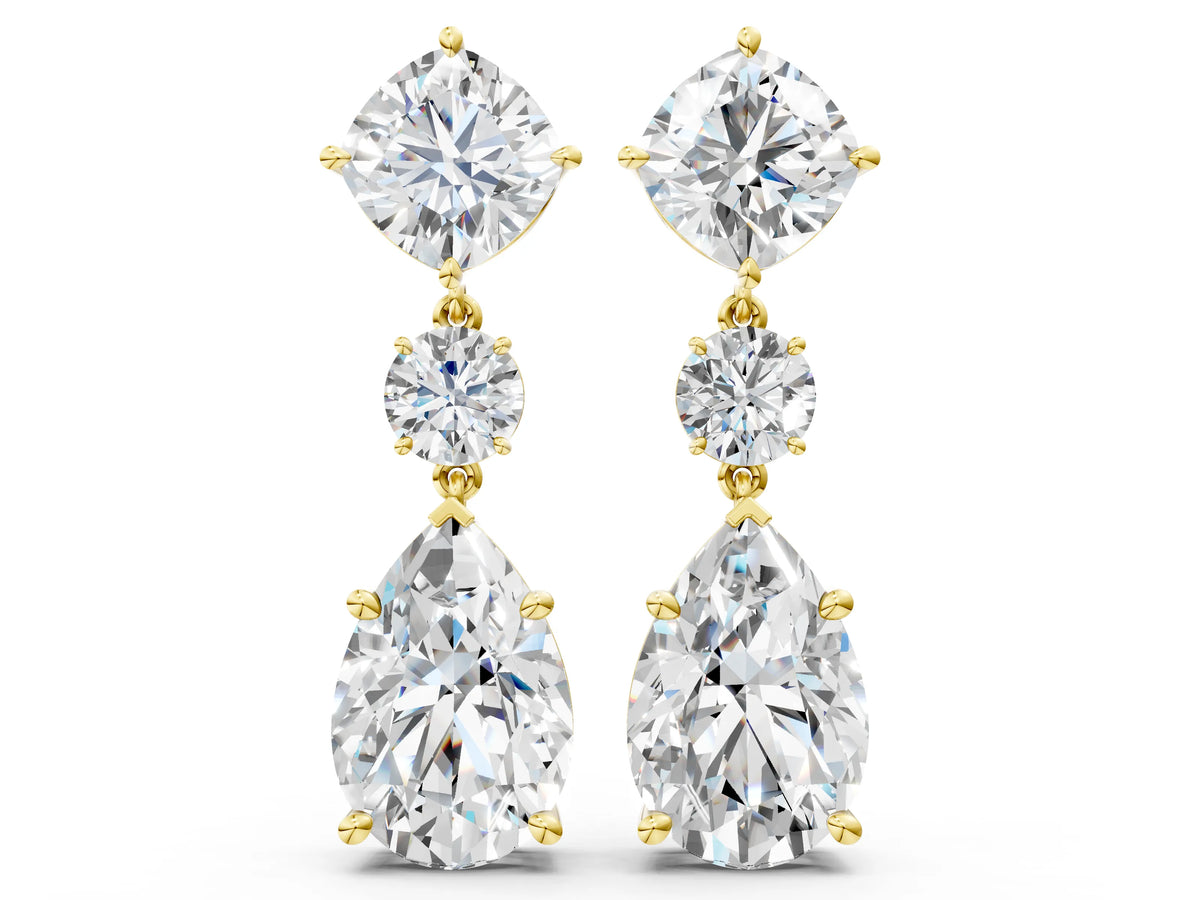 Yellow gold Cushion, Round and Pear Diamond Three-Stone Drop Earrings