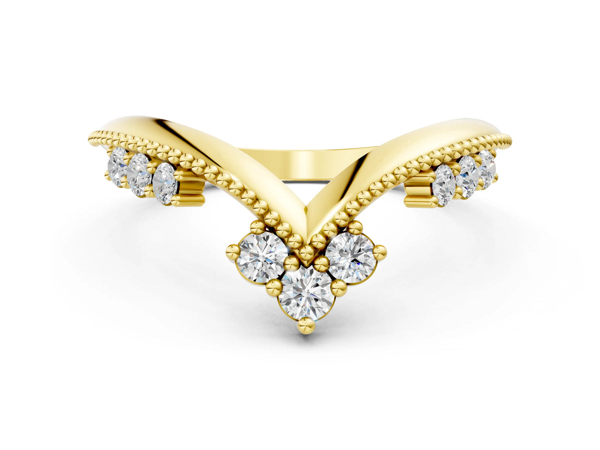 Yellow gold Diamond Chevron Milgrain Band with Round Cut Stones and Prong Setting